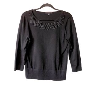 Cable & Gauge Sweater Size Large Black 3/4 Sleeves Beaded Detail